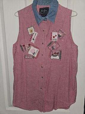 1970 NEXT MOVE Embroidered Patch Gingham Button-Up Sleeveless Shirt